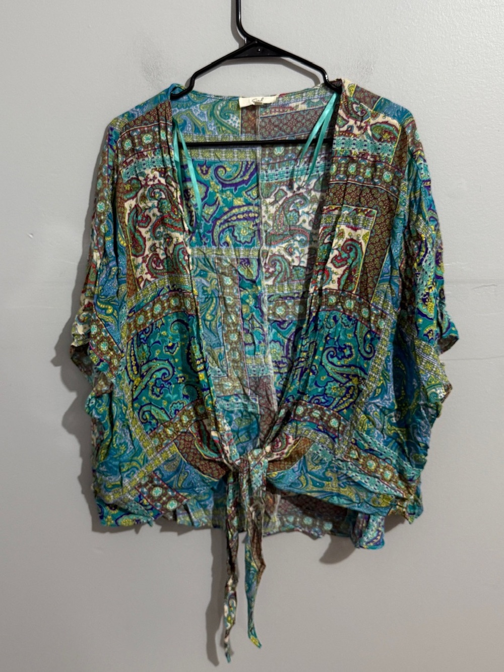 Easel Womens Medium Kimono Top Paisley Patchwork Tie Front Boho Blouse BoHo